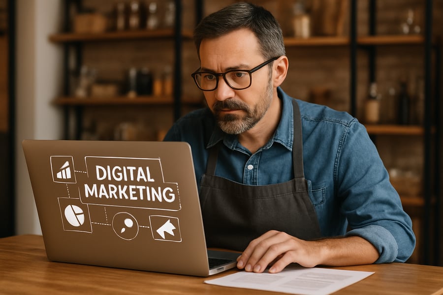 Small business owner reviewing digital marketing strategies on a laptop